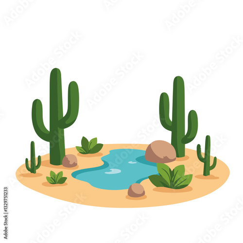 Desert oasis with cacti and pond, tranquility in nature