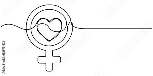 One solid line gender symbol on white background. One line with masculine and feminine signs. minimalist graphics, female venus love shape continuous one line drawing.