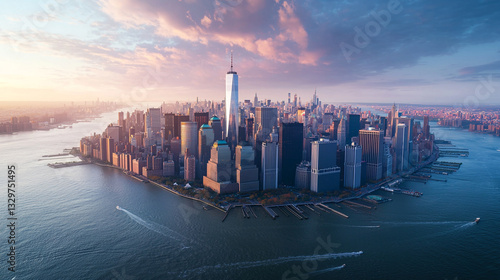 Stunning aerial view of lower manhattan skyline at sunset with beautiful cityscape new york urban