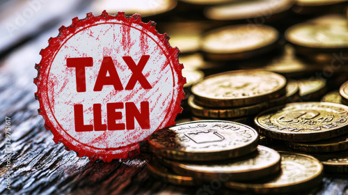 Tax Lien and Property Ownership Concept, Tax lien stamp on coins, symbolizing financial obligations and investments