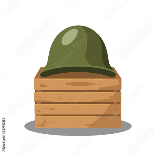 Soldier's helmet resting on wooden crate, minimalistic design