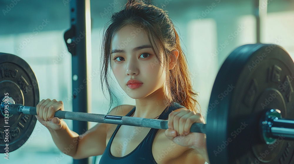 Fototapeta premium Young woman weightlifting in modern gym strong athletic fitness exercise girl sport power muscle