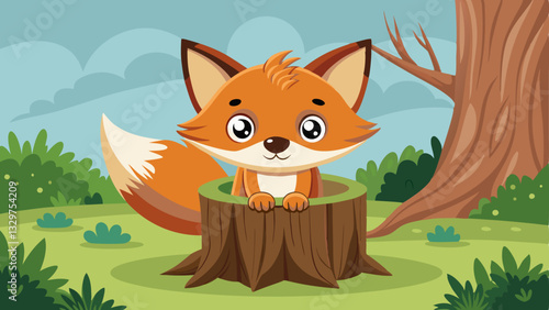 playful baby fox peeking out from behind a tree stump, with curious eyes and a bushy tail.