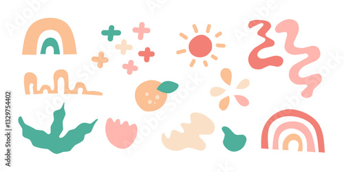 Set of playful abstract doodle shapes sticker pack in childish style. colorful flat hand drawn funky figures for kid with rainbow, sun, leaves, flowers, lines and stars. Element vector illustration.