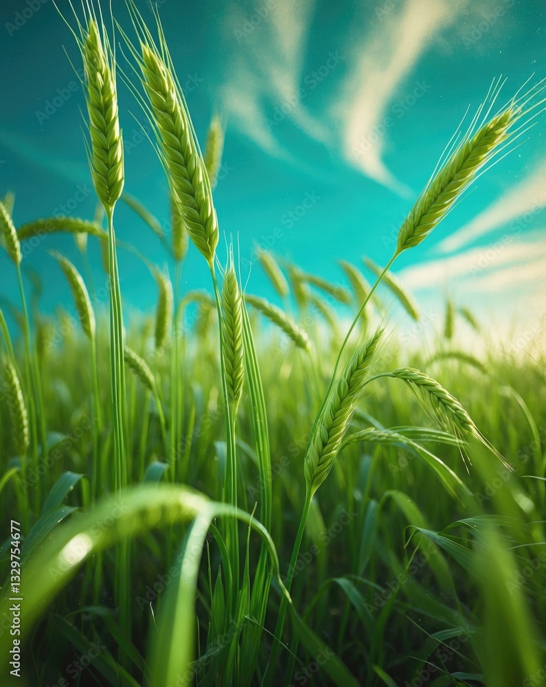 Fototapeta premium Wheatgrass that is still developing in a field under a blue sky.