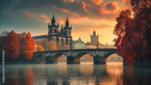 Fototapeta Naklejka Na Ścianę i Meble -  The River with the Tower during autumn