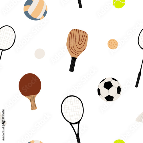 Sports Equipment Seamless Pattern. A dark green background with scattered illustrations of sports gear like tennis rackets, paddles, soccer balls, and pickleball accessories. Flat vector illustration.