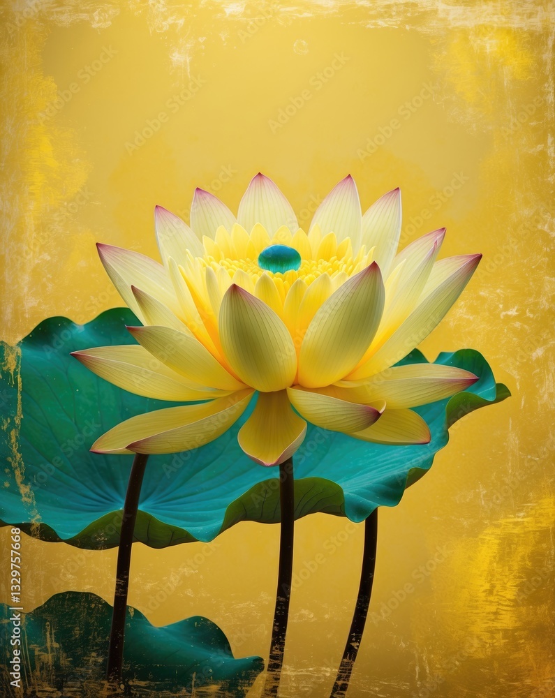 Use this beautiful artwork featuring a cow lotus on a yellow backdrop to enhance your interior walls and pooja space.