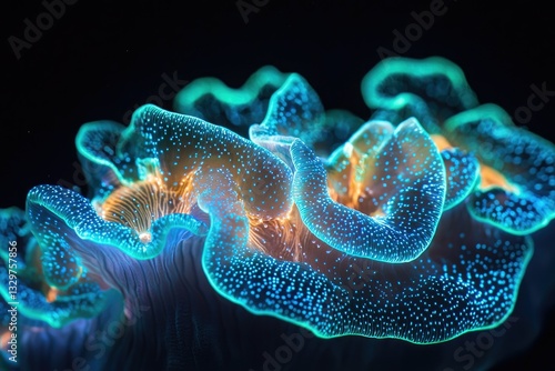 Vibrant bioluminescent coral polyps glow with intricate details in a dark ocean.