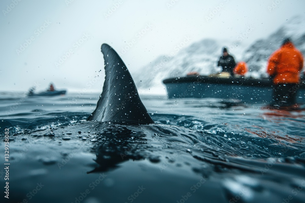 Fototapeta premium whale fin emerges from water, creating ripples as it slices through surface. In background, people in orange jackets are seen on boat, adding to adventurous atmosphere