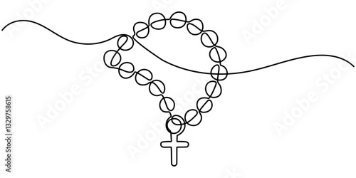 Prayer beads continuous line design. Praying design concept. Decorative elements drawn on a white background, prayer beads in one continuous single line art drawing style. Islamic accessories concept 