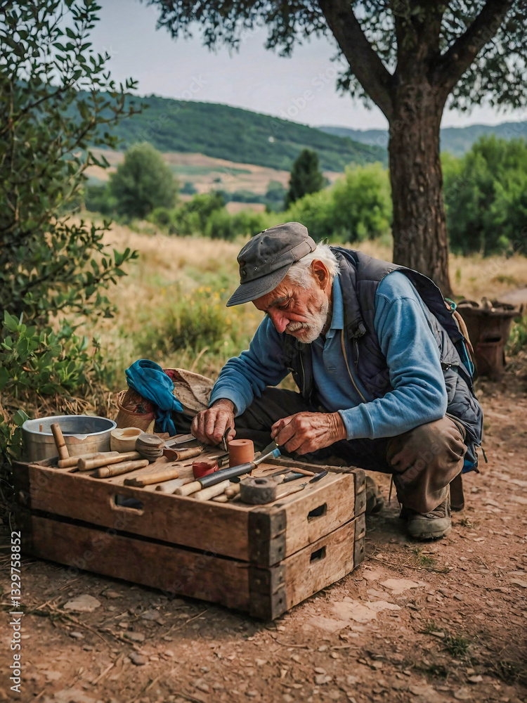 Old man crafting items for the Spanish Camino de Santiago. Old man crafting items for the Spanish Camino de Santiago.