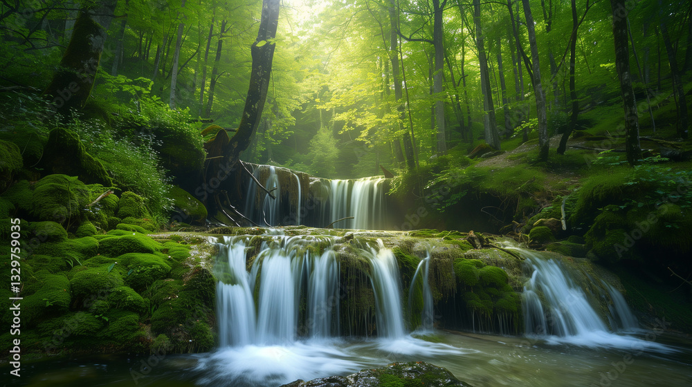 Obraz premium Waterfalls in forest. Fresh waterfalls in deep forest