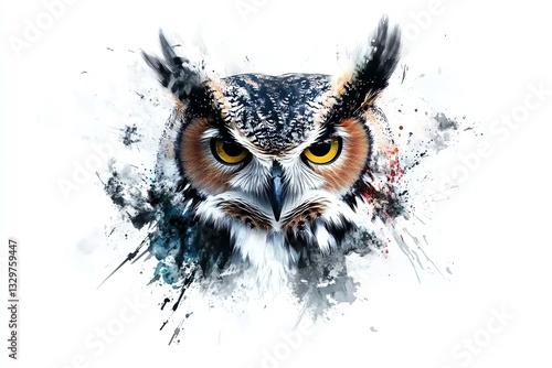 owl with abstract paint on white background