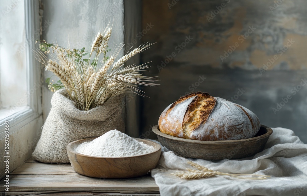 Fresh Baked Bread with Wheat and Flour Still Life on Wooden Table Fresh Baked Bread with Wheat and Flour Still Life on Wooden Table