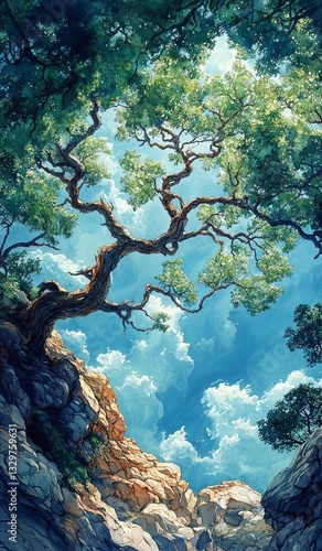 A stunning tree reaching towards the sky. Fantasy Tree of Growth and Freedom
