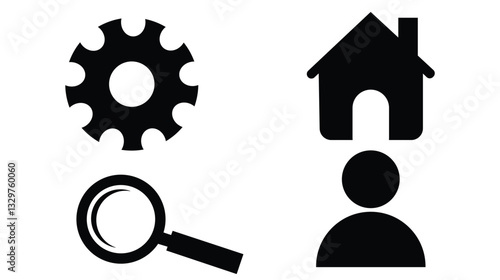 Black Silhouette Icon Set – Gear, Search, Home, and User Symbol for Digital and Web Applications