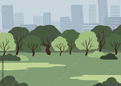 City park with lush greenery and tall buildings in the background. Open grassy area surrounded by trees, creating an urban escape. Modern cityscape with natural elements. Flat vector illustration