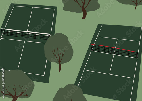 Set of two outdoor tennis courts surrounded by trees. Recreational sports area with netted courts and scenic park views. Ideal space for outdoor activities. Flat vector illustration.