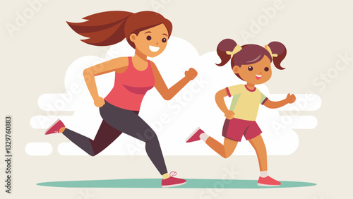 A motherdaughter boomer duo both with determined expressions race through a halfmarathon course as they bond over their shared love for running.. Vector illustration