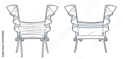 Women Crop Top with ruffled straps Technical Fashion Illustration. Draped Top fashion flat technical drawing template, front bows, slim fit, front and back view, white, women CAD mockup.
