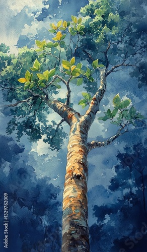 Lush tree reaching skyward with vibrant leaves. Tree of Life and Spiritual Liberation