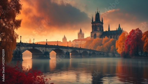 Fototapeta Naklejka Na Ścianę i Meble -  The River with the Tower during autumn