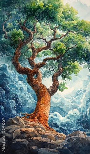 A majestic tree with vibrant leaves and texture. Tree of Life and Spiritual Liberation