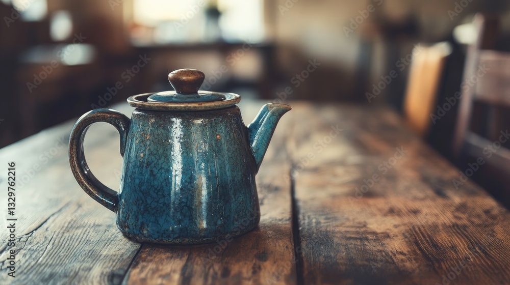 Rustic Blue Teapot on Wooden Table in Cozy Cafe Setting Rustic Blue Teapot on Wooden Table in Cozy Cafe Setting