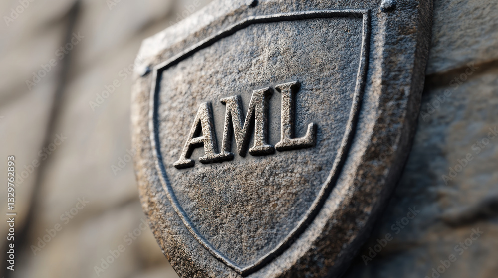 stone textured shield featuring deeply carved letters AML, showcasing intricate details and rugged appearance stone textured shield featuring deeply carved letters AML, showcasing intricate details and rugged appearance