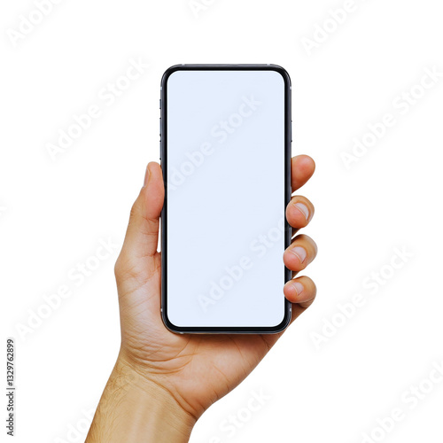 Hand holding smartphone mockup as png photo with blank screen isolated on white background. mobile phone hand mockup
