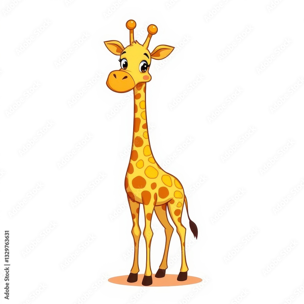 Happy Cartoon Giraffe with Bright Yellow Spots in the Open Savanna, Standing in Isolation Happy Cartoon Giraffe with Bright Yellow Spots in the Open Savanna, Standing in Isolation