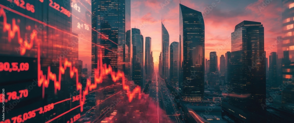 Digital indicators and declining graphs of a market crash superimpose over a contemporary scene. Concept of a market crash in double exposure.