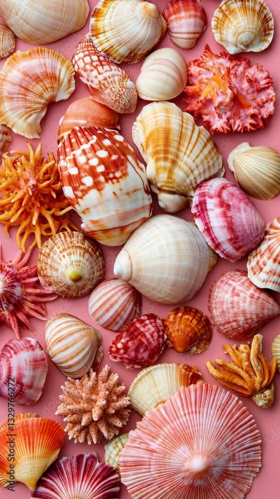 Colorful collection of seashells displayed on a pink surface highlighting their intricate patterns and shapes Colorful collection of seashells displayed on a pink surface highlighting their intricate patterns and shapes