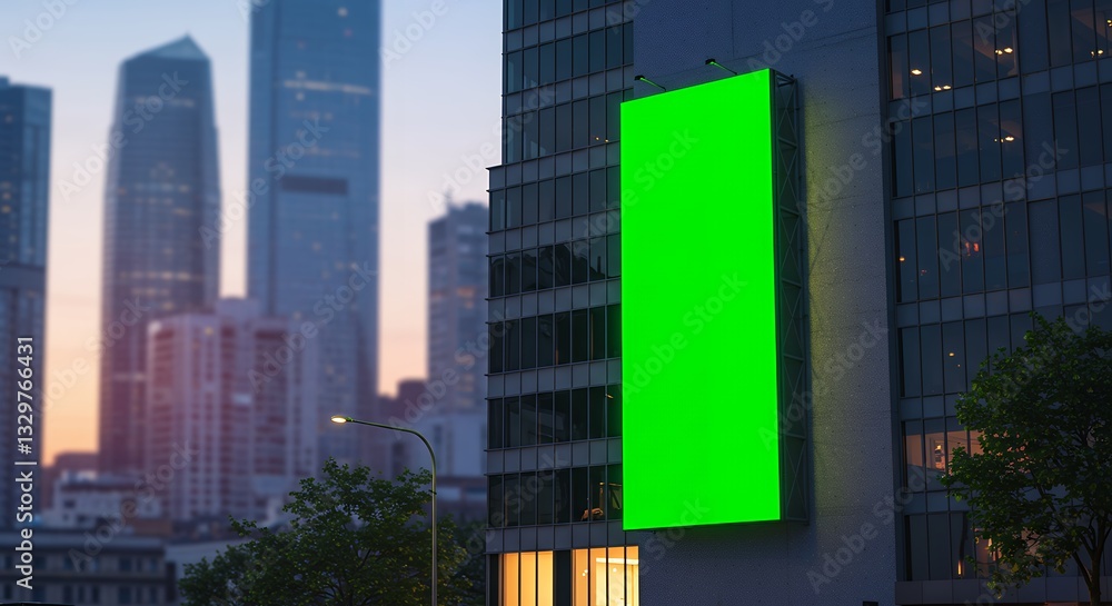 Green Screen Billboard on Building in City at Dusk for Advertising Green Screen Billboard on Building in City at Dusk for Advertising