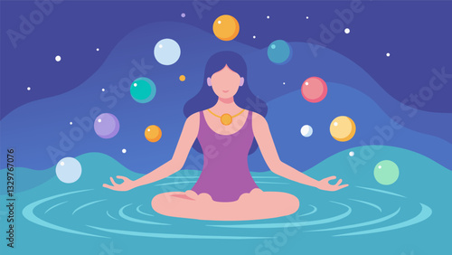 A woman floats in a saler pool surrounded by soft colored lights that correspond to each of her chakras bringing them into balance and harmony.. Vector illustration
