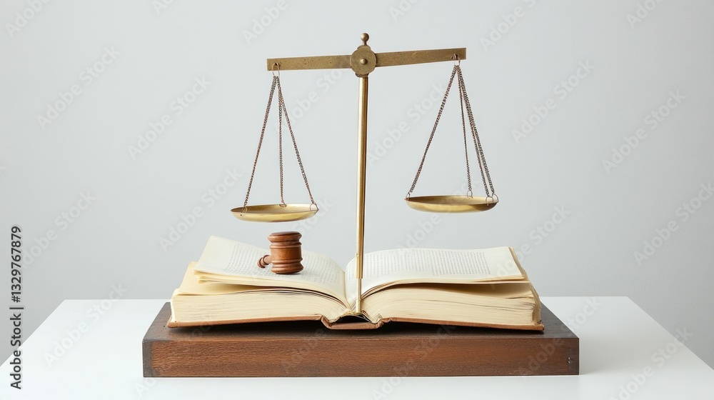 Brass scales of justice on open book with gavel. Brass scales of justice on open book with gavel.