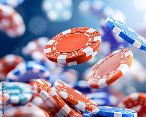 Floating casino chips in mid-air