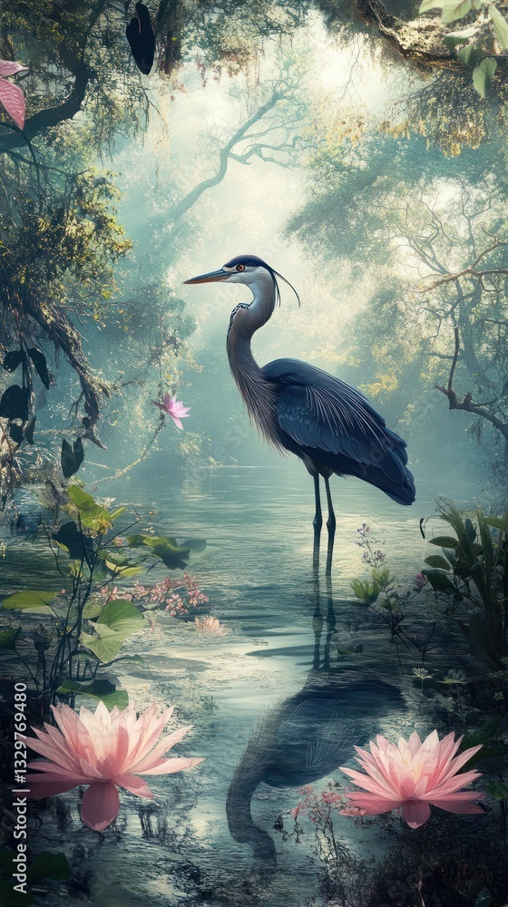 Fototapeta premium A tall heron standing still in a calm body of water