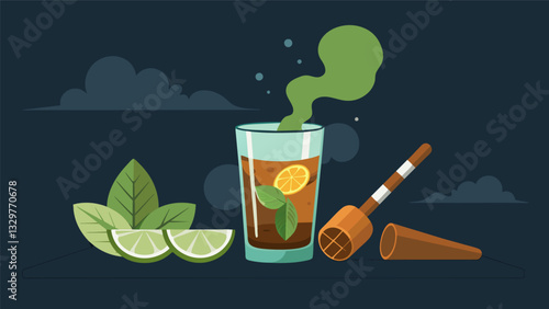 The smoky scent of cigar smoke mixed with the refreshing taste of Havana Mojitos creating a unique sensory experience as we enjoyed our drinks at a local cigar lounge.. Vector illustration
