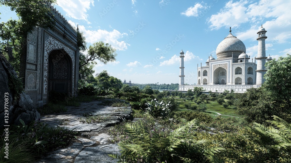 Naklejka premium Explore the majestic taj mahal in agra architectural wonders scenic landscapes and rich cultural heritage