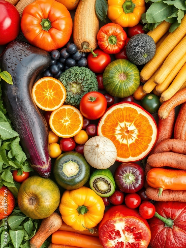 A Healthy Rainbow of Organic Fruits and Vegetables on a White Surface, Displayed for Nutrition and Wellness A Healthy Rainbow of Organic Fruits and Vegetables on a White Surface, Displayed for Nutrition and Wellness
