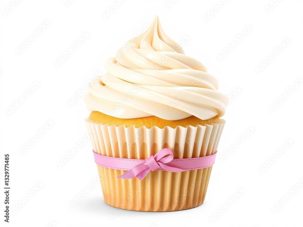 Timeless 3D Cupcake with Pink Ribbon and Vanilla Frosting, Isolated on White for a Simple and Classic Design Timeless 3D Cupcake with Pink Ribbon and Vanilla Frosting, Isolated on White for a Simple and Classic Design