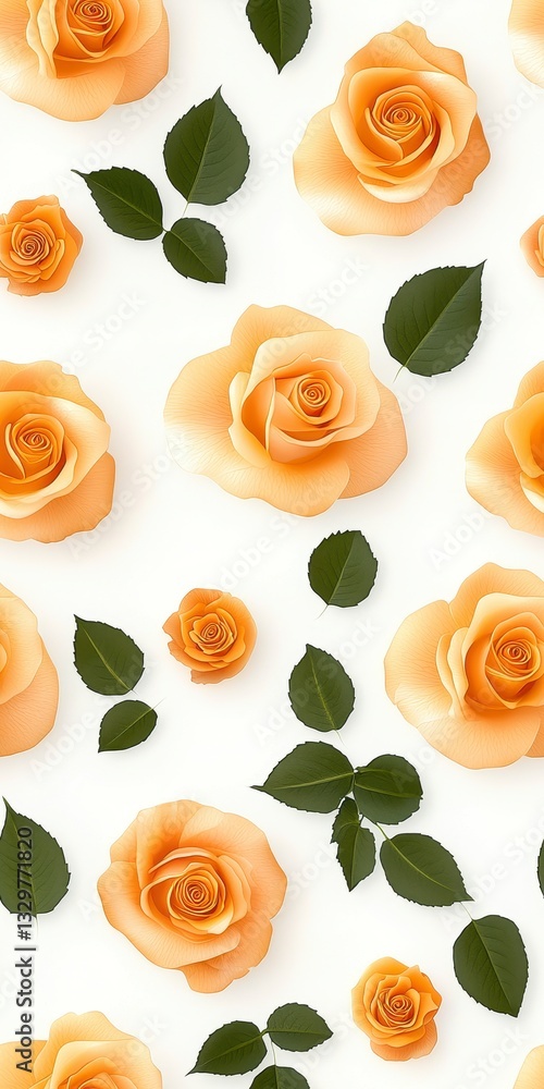 Delicate Peach Roses and Green Leaves on White Background Delicate Peach Roses and Green Leaves on White Background