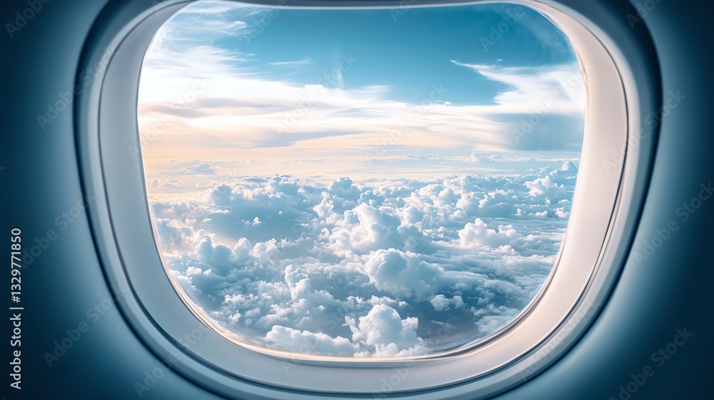 A flight window view with clouds and the horizon A flight window view with clouds and the horizon