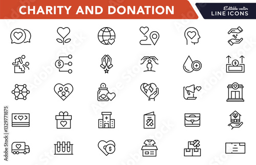 Charity and donation line icons set. Donate, charity, Giving, community, solidarity, trust, social care, NGO, helping hands, partnership, and help icon collection. Nonprofit organization icons