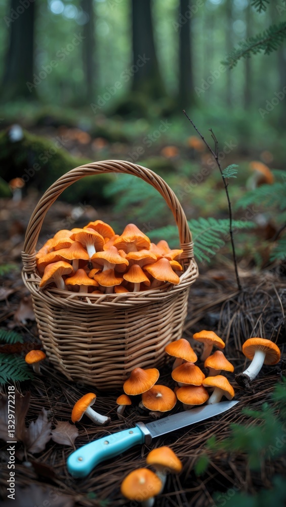 Wicker basket filled with gathered chanterelles alongside a knife in a forest. Wicker basket filled with gathered chanterelles alongside a knife in a forest.