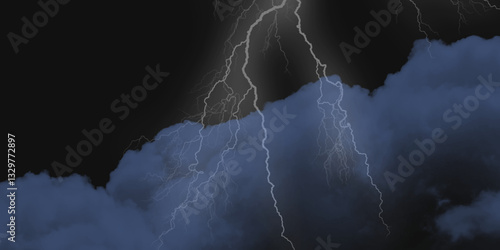 Mountainous Cumulus Clouds Boiling in the Summer Sky. White cloudiness, mist or smog overlay backgrounds. Wide sky and clouds dark tone. Dark cloud at evening sky with thunder bolt.