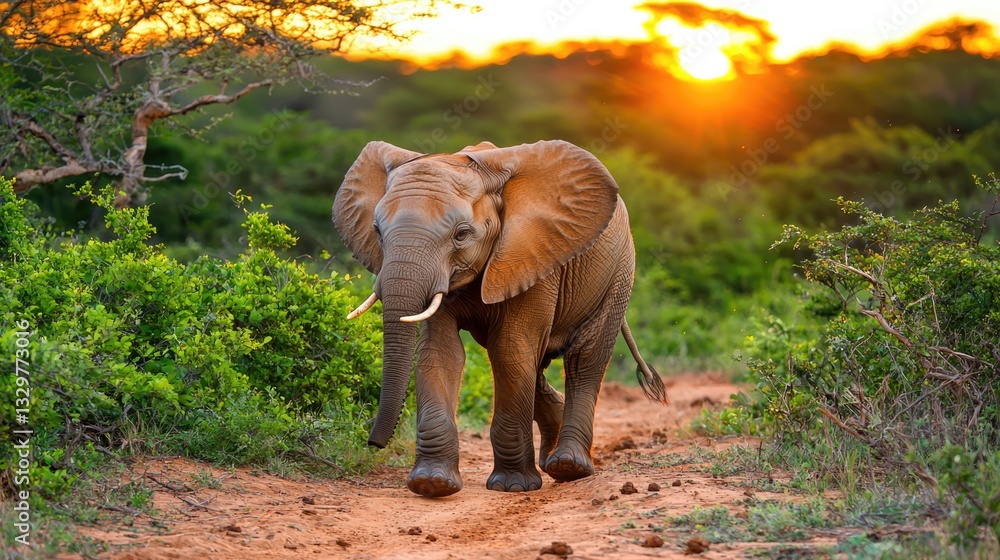 Fototapeta premium Dreamy twilight safari with african elephant nature reserve photography sunset low angle wildlife experience
