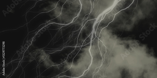 Mountainous Cumulus Clouds Boiling in the Summer Sky. White cloudiness, mist or smog overlay backgrounds. Wide sky and clouds dark tone. Dark cloud at evening sky with thunder bolt.